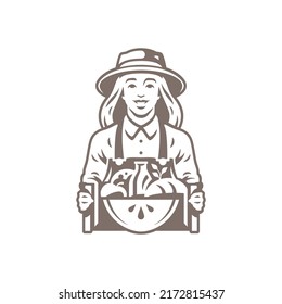 Portrait Smiling Agricultural Farm Market Woman With Crate Organic Natural Rustic Food Drink Monochrome Icon Vector Illustration. Vintage Female Rural Worker Milk Fruits Vegetables Baking Ecology Meal