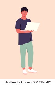 Portrait of a smiling Asian guy with a laptop. The student stands at full height. Vector flat illustration.