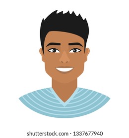 Portrait of a smiling Asian man in a blue striped shirt. Narrow eyes, dark skin and black hair. Flat cartoon character isolated on a white background. Vector illustration.
