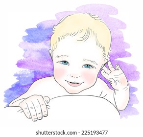 A portrait of smiling baby of about two years old on a purple strokes background.