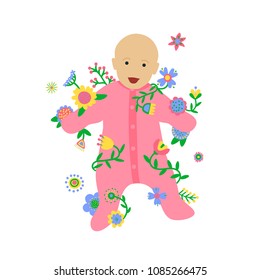 A portrait of a smiling baby in flowers. Vector illustration. Isolated on white