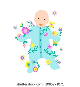 A portrait of a smiling baby in flowers. Vector illustration. Isolated on white