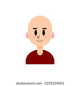 Portrait of smiling bald man isolated on white background, black eyes and eyebrows and pink cheeks, single cartoon flat icon for apps and websites, vector illustration.