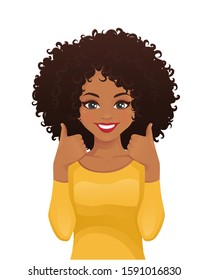 Portrait of smiling beatiful woman with afro hairstyle showing thumbs up isolated vector illustration