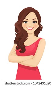 Portrait of smiling beatiful woman with curly hairstyle and arms crossed isolated vector illustration