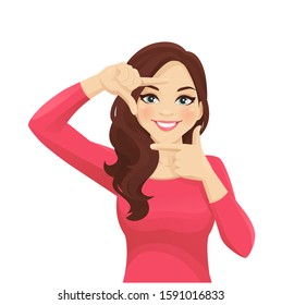 Portrait of smiling beatiful woman with curly hairstyle making frame with hands isolated vector illustration