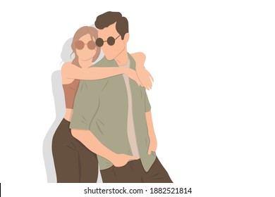 Portrait of smiling beautiful girl and her handsome boyfriend laughing, happy cheerful couple in sunglasses