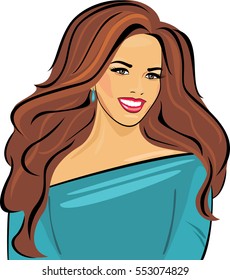 Portrait of a smiling beautiful woman in a blue dress. Vector