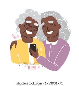 Portrait of smiling Black african american old womens. Happy friends holding each other. Happy friendship day. Old people with smartphone. Flat cartoon vector illustration.