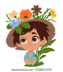 Portrait of a smiling boy with a bouquet of flowers and a hat, soft and cozy colors, simple cartoon style.