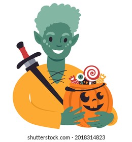 A portrait of a smiling boy in an elf costume holding up a carved halloween pumpkin bucket full of candy. Trick or treat tradition. Flat style vector illustration.