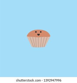 Portrait of a smiling brown muffin or cupcake over blue background  vector  color drawing or illustration
