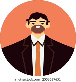 Portrait of a smiling businessman with a beard, wearing a suit and tie, presented in a circular frame against a vibrant orange backdrop, conveying professionalism and approachability