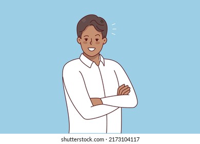 Retrato de un hombre de negocios sonriente que se siente confiado y optimista. Captura de pantalla del feliz empleado o director ejecutivo en ropa de formal. Concepto de liderazgo. Ilustración vectorial plana. 