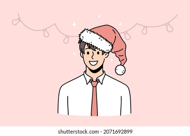 Portrait of smiling businessman in Santa Claus hat celebrate New Year. Happy man boss or employee have Christmas celebration or party. Winter holiday or vacation concept. Vector illustration. 