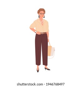 Portrait of smiling businesswoman standing in formal stylish clothes. Woman in trousers and blouse. Mature employee in modern outfit. Colored flat vector illustration isolated on white background