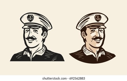 Portrait of smiling captain. Sailor, seafarer sketch. Vintage vector illustration