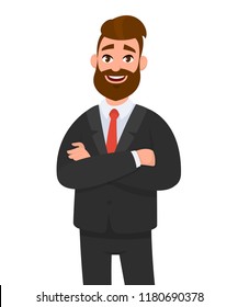 Portrait of smiling confident businessman in black formal wear with arms crossed isolated in white background. Emotion and body language concept in cartoon style vector illustration.
