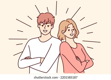 Retrato de una pareja sonriente posando juntos sintiéndose positivos y optimistas. Hombres y mujeres felices muestran liderazgo y éxito. Ilustración vectorial. 