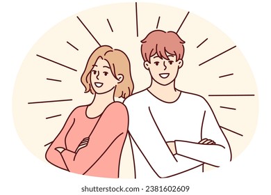 Portrait of smiling couple posing together feeling positive and optimistic. Happy man and woman show leadership and success. Vector illustration.