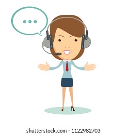 Portrait of smiling customer support female phone worker, against white background. Consulting and assistance service call center. Stock flat vector illustration.
