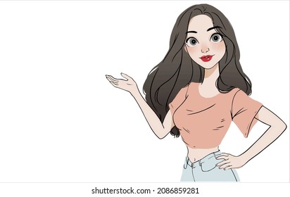 Portrait of smiling cute сasual brunette girl, welcome gesture inviting new customer. Minimal stylized art style.