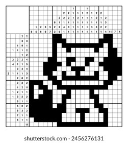 Retrato de gato lindo sonriente. Nonograma, crucigrama japonés, juego educativo. Blanco y negro, 20x20. Solución lógica. EPS personalizable estructurado.