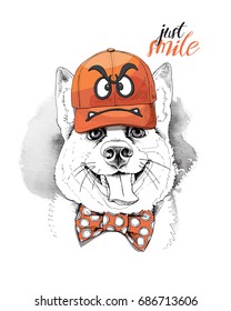 Portrait of the Smiling dog in a orange cap with angry smiley and in a polka dot bow tie. Vector illustration.