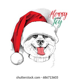 Portrait of the Smiling dog in a red big Santa's cap. Vector illustration.