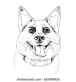 Portrait of the Smiling dog. Vector black and white illustration.