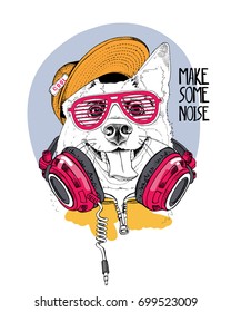 Portrait of the Smiling dog in a yellow cap, grill glasses and and with a pink headphones on the neck. Vector illustration.