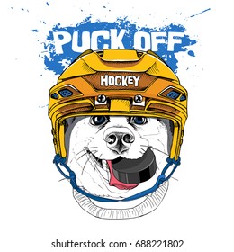 Portrait of the Smiling dog in a yellow ice hockey helmet. Vector illustration.