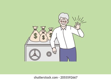 Portrait of smiling elderly businessman make money investment in bank. Happy mature senior man recommend finances saving for future good maturity. Finance concept. Flat vector illustration.