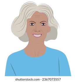 Portrait of a smiling elderly woman with light skin. White background.