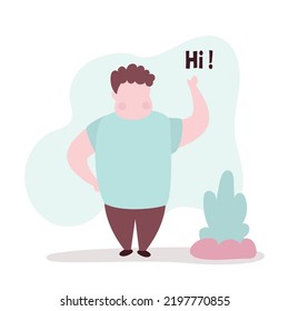 Portrait of smiling fat man saying hi and waving with hand. Hi gesture. Happy guy greeting and welcoming smb. Guy say hello and gesturing in friendly way. People greeting motion. Vector illustration