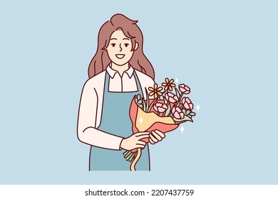 Portrait of smiling female florist in apron holding beautiful floral bouquet. Happy woman with flowers in hands working in botanical shop. Vector illustration. 