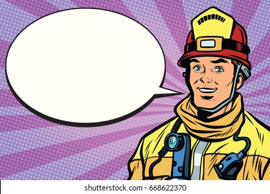 Portrait of a smiling fireman, comic book bubble. Pop art retro comic book vector illustration