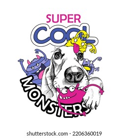 Portrait of the smiling funny Basset Hound dog with the cartoon monsters. Humor card, t-shirt composition, hand drawn style print. Vector illustration.