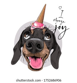 Portrait of a smiling funny Dachshund dog n the pink Ice cream party hat. Humor card, t-shirt composition, hand drawn style print. Vector illustration.