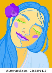 Portrait of a smiling girl with her eyes closed in a bright color scheme