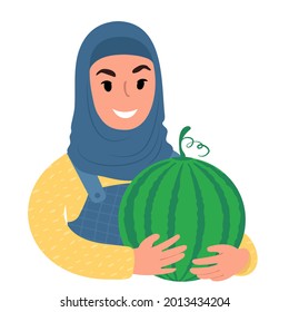 A portrait of a smiling girl in a hijab holding up a big green watermelon. Flat style vector illustration.