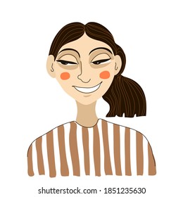 portrait of a smiling girl with short dark hair in a striped sweater and with red cheeks