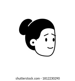 Portrait of a smiling girl. Vector black and white illustration of a face of a happy smiling cute girl with a stylish haircut. Simple icon image of woman face to use as an avatar or character portrait