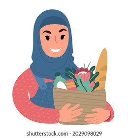 A portrait of a smiling girl wearing a hijab holding up a paper shopping bag with groceries. Flat style vector illustration.