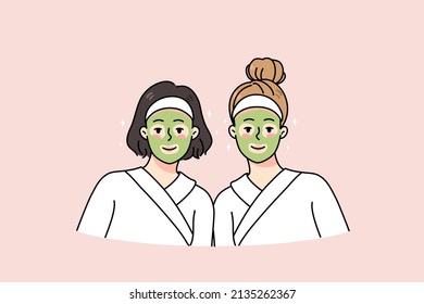 Portrait of smiling girlfriends in bathrobes with masks on face do beauty procedures. Happy women enjoy spa day together, perform facial treatment. Cosmetology. Flat vector illustration. 