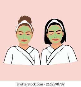 Portrait Of Smiling Girlfriends In Bathrobes With Masks On Face Do Beauty Procedures. Happy Women Enjoy Spa Day Together, Perform Facial Treatment. Cosmetology. Flat Vector Illustration.