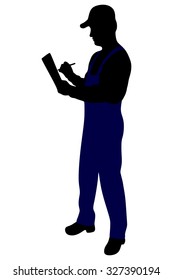 Portrait of smiling handyman writing on clipboard over white background