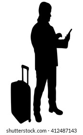 portrait of smiling happy man with suitcase - isolated on white