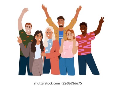 Portrait of smiling happy people. Group of laughing and posing men and women showing various gestures. Multiracial Friends rejoice and express positive emotions. Cartoon flat vector illustration