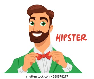 portrait of a smiling hipster in a green suit and tie
